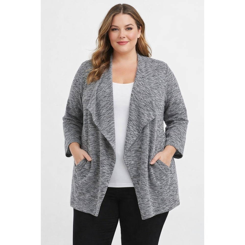 ROZ &‎ ALI Open Front Draped Knit Cardigan | Jaclet Plus Size 2X Heathered Gray